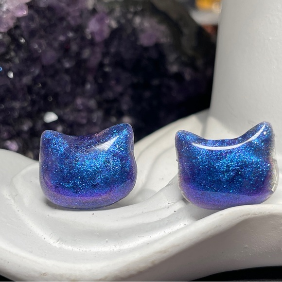 Custom Purple and Blue Sparkling Cat Hand Crafted Stud Post Earrings - Picture 9 of 10